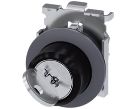 Siemens Ronis nøgleafbryder i mat metal med 30mm rund front og delvist indsat nøgle med Siemens logo.