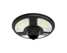 V-TAC solcelledrevet havelampe, rund model med LED-lys og sensor, vist med undersiden opad.