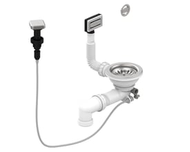 Lavabo D1 universal bundventil i rustfrit stål med sort drejeknap og hvidt afløbssystem.