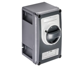 Kraus & Naimer ATEX reparationsafbryder, 25A, zone 21, 4-polet, med separat NO/NC kontakt. Den har et sort/gråt greb og IP66-klassificering i en robust grå plastikkapsling.