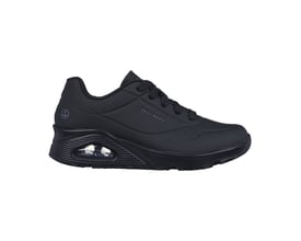 Sort Skechers Uno-arbejdssko i størrelse 47 set fra siden med snørebånd og synlig luftpude i sålen.