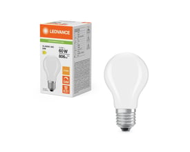 Emballage og Ledvance LED standard mat pære med E27 sokkel, 5.9W, 806lm og 2700K lysfarve.