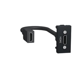Schneider Electric New Unica HDMI udtag i antracit med en fleksibel kabelstruktur og tydelig HDMI-mærkning på frontpanelet.