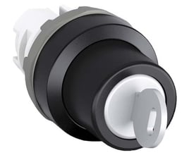 ABB M3SSK2-101 nøgleafbryder i 3-positioner med fas ABC, vist med nøgle indsat i sort frontpanel og grå og hvid bagmontering.