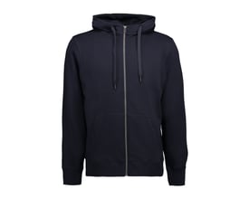 ID Identity klassisk hættecardigan model 0638 i navy, str. S, set forfra med lynlås, hætte og kængurulommer.