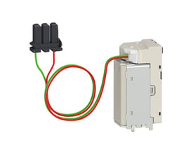 Schneider Electric MX/XF spole til Masterpact MTZ i 24VAC/24-30VDC med tilhørende sort stik og røde/grønne ledninger.