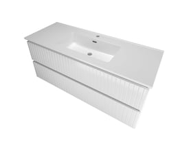 Sanibell Proline møbelsæt i hvid højglans med to grebsfrie softclose skuffer og porcelænsvask.