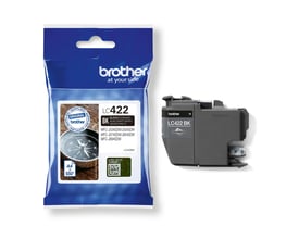 Brother LC422BK sort blækpatron til 550 sider ved siden af den blå originalemballage.