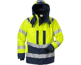 Kansas Fristads Hi-Vis Airtech jakke i gul og marineblå, str. M, med klasse 3 synlighed og reflekser.