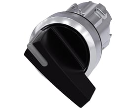 Siemens oplyselig 22mm omskifter med sort betjeningsgreb og metalring, placeret på hvid baggrund.