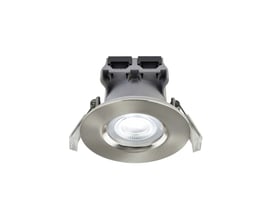 Nordlux Don smart indbygningsspot i børstet nikkel med lysende LED-modul og monteringsclips, vist på hvid baggrund.