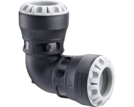 Sort push-in vinkel på 25 mm med hvide samlemuffer, ideel til hurtige og pålidelige rørsamlinger.