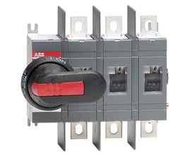 ABB 3-polet lastafbryder på 200A med drejehåndtag til bundmontering, vist fra front med tydelige terminaler og mærkning.