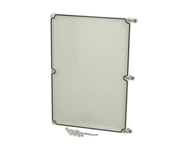 Fibox EKU30-G3FSH gråt dæksel i polycarbonat til EK SOLID serie, vist med fingerskruer på hvid baggrund.