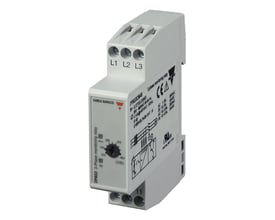 Carlo Gavazzi faseovervågningsrelæ til fasefølge, fasebrud og justerbar underspænding, vist skråt med L1-L3-terminaler.