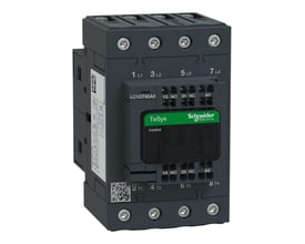 Schneider Electric TeSys D 80A 4-polet kontaktor med 48V AC spole og 1 NO + 1 NC hjælpekontakter. Nærbillede viser mærkning og terminaler.