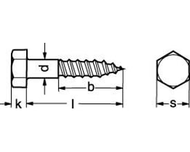 Teknisk tegning af en fransk skrue, 6x50 mm, DIN 571. Viser dimensioner som l, k, p, b og s, med fuld gevindlængde og sekskantet hoved.