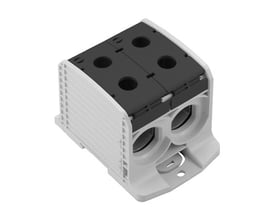 Weidmüller WPD 233 fordelerklemme i grå Wemid med sort cover og fire skrueterminaler til 50-300mm² Cu/Al ledere.