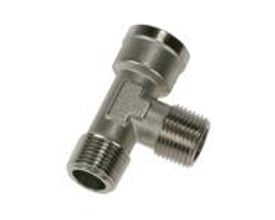 Parker T-stykke med udvendig R1/8 BSPT og indvendig G1/8 BSPP gevind, fremstillet af forniklet messing.