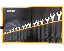 Ironside ringgaffelnøglesæt med 12 dele fra 20–32 mm, set tættere på i det åbne sorte kanvasetui med orange kant.