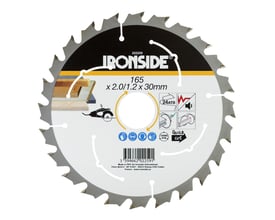 Ironside rundsavklinge til træ, 165 x 30 x 1,2 mm med 24 tænder, vist forfra med sølvfarvet tandkrans.