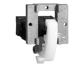 Schneider Electric kontaktelement 1xNO til bundmontage med 3A kapacitet, vist med hvid betjeningsarm.