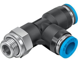 Festo T-forskruning indstik QSTL-G3/8-12, med udvendigt gevind og blå push-in-ender for nem tilslutning af slanger.