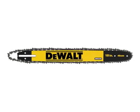 DEWALT Oregonsværd med savkæde til 54 V kædesav, vist fra siden med gul og sort sværdbeskytter.