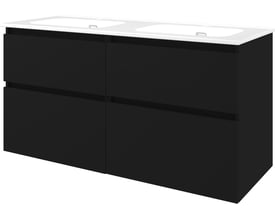 Sanibell Proline møbelsæt i matsort med 4 softclose skuffer, 121 cm bredt og 46 cm dybt, med integrerede greb og hvid bordplade.