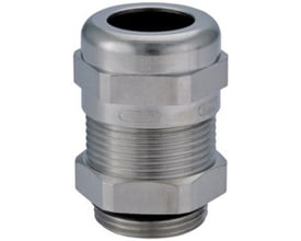 Wexøe EMC-forskruning HSK-M-EMV-D i messing med PG29-gevind og spændeområde på 18-25 mm, set skråt forfra.
