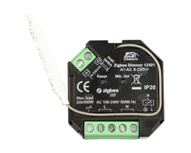 Scan Products Zigbee 3.0 lysdæmper model 12501, sort, med 200W LED kapacitet og AC 100-240V input.