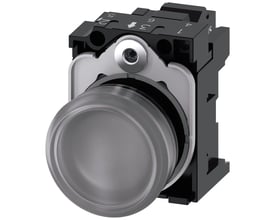 Siemens 22mm rund signallampe med klar plastlinse og sort bagmonteringsmodul med terminalmarkeringer.