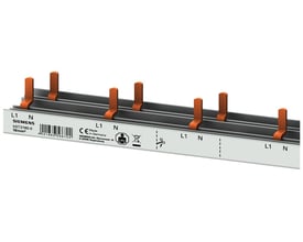 Siemens 4PH PIN samleskinne i grå med 10mm² ledertværsnit og orange tilslutningsben.
