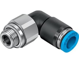 Festo roterbar vinkel-forskruning QSRL-G1/8-4 med blå push-in tilslutning og udvendigt gevind på grå baggrund.