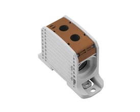 Weidmüller WPD 132 1X185/1X185 BN fordelerklemme i brun Wemid med skrueterminaler, vist med 20mm skinne montering.