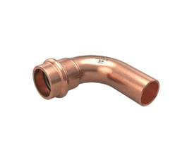 Conex MaxiPro 90° bøjning i kobber med nippelende til 1/2" rør på hvid baggrund.