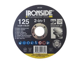 Rund, sort Ironside 2-in-1-skæreskive til stål og rustfrit stål, med 125 mm diameter og centralt hul.