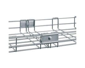 Schneider Electric samlebeslag U til 35mm gitterbakker i Zinc+ C4, vist monteret på to gitterbakker for at vise samlingen.