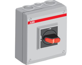 Illustration af ABB 36A 3-polet sikkerhedsafbryder med EMC-beskyttelse, monteret i grå kapsling med rød/sort betjeningsgreb.