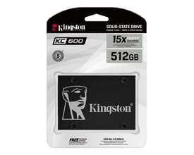 Emballagen til Kingston KC600 SATA-SSD med 512 GB viser det sorte 2,5-tommers drev og modelnavnet.