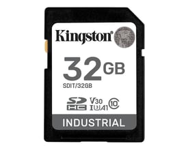 Kingston 32GB SDHC Industrial pSLC Class10 SD-kort med UHS-I, U3, V30, A1 standarder på sort baggrund.