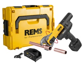 REMS mini-Press 14V ACC pressmaskine med L-Boxx, batteri og oplader, samt kobberrør.