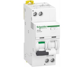 Schneider Electric Acti9 iCV40N kombiafbryder, 2-polet, C 6A, 300mA ASI type, vist forfra med tydelig betjeningsknap.