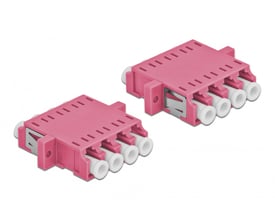 To Delock LC Quad fiberkoblinger i pink plast, der viser fire LC-porte på hver kobler og deres samlede formål.