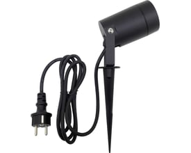 Nordtronic Spike havespot i mat sort med jordspyd, 145 cm ledning og stikprop, vist på hvid baggrund.