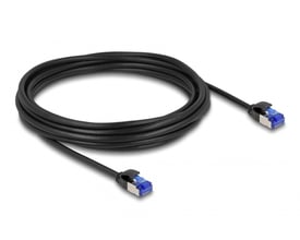 Sort, slankt DeLock Cat.6A S/FTP-netværkskabel på 5 meter, oprullet med RJ45-hanstik i begge ender.