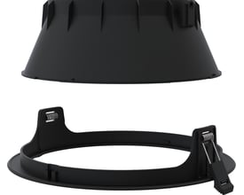 Close-up af Ansell Lighting Comfort DL downlight dele, viser sort ydre kabinet og monteringsring.