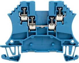 Close-up af Weidmüller WDU 1.5/ZZ BL gennemgangsklemme, viser detaljer om skruetilslutningerne og monteringsmekanismen.