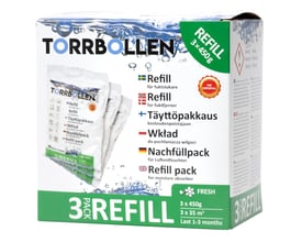 Fresh Torrbollen affugter refills i 3-pack med "Fresh" duft, hver refill indeholder 450g magnesiumklorid. Pakken er grå og hvid med grønne detaljer.