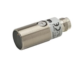 Omron fotoelektrisk sensor E3FB-VP21 med M18 gevindrør i metal, viser rød LED og M12 stik.